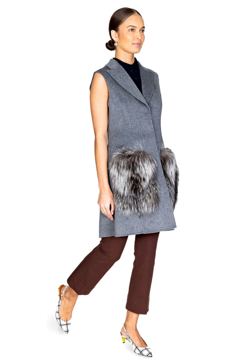 Double-Faced Wool Vest W/ Fox Fur Hem Trim