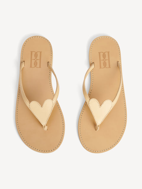 Top view of the leather heart detail flip flops.