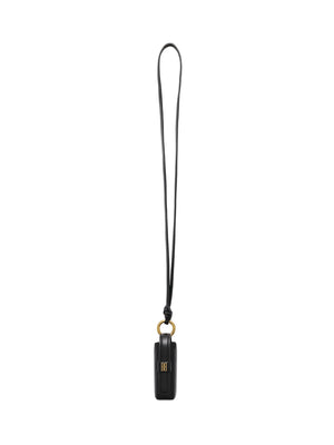 A black leather keychain with a matching black lanyard strap and a gold-tone metal ring, featuring a small gold monogram logo on the key fob, set against a white background.
