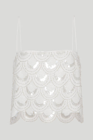 Ghost image of the front of the sequins crop top in white with scalloped edges.
