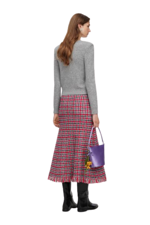 Check Frayed Knit Midi Skirt