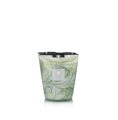 Large glass candle with green and blue marbled designs