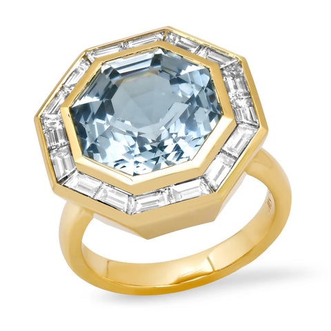 Aquamarine and Diamond Baguette Bia Ring