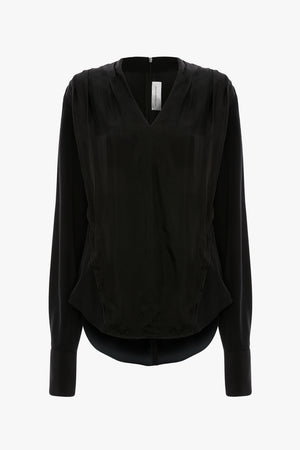 Black v-neck long sleeve silk blouse on a white background