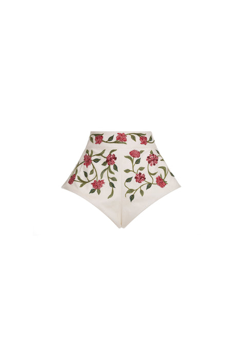 Flat lay of floral-patterned high-waisted shorts on a white background