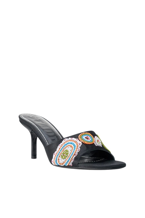 A single black leather slide sandal with a high stiletto heel, featuring a colorful embroidered paisley design on the strap.