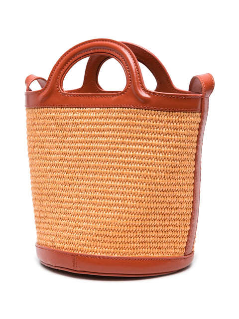 Ghost image of the back of the marni bucket bag in orange raffia and leather.