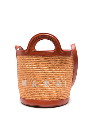 Ghost image of the marni orange tropicalia mini bucket backet with leather straps.