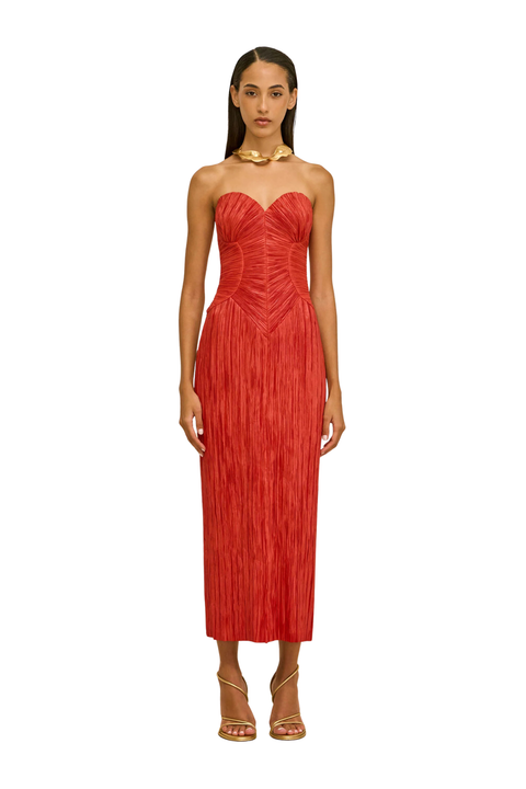 Woman wearing a red strapless dress