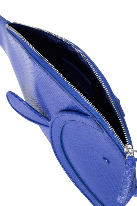 Cobalt blue fish shaped clutch bag inside view