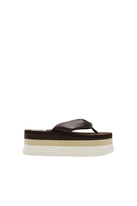 Platform flip-flop sandal with brown, tan, and white color-block side angle
