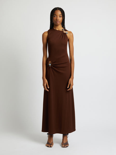 Model wearing the brown callisto maxi dress.