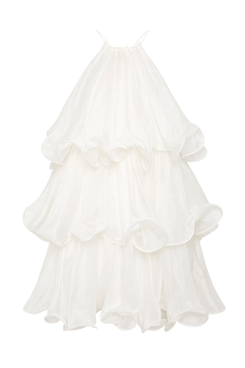 Ghost image of the claudia tiered mini dress in white.