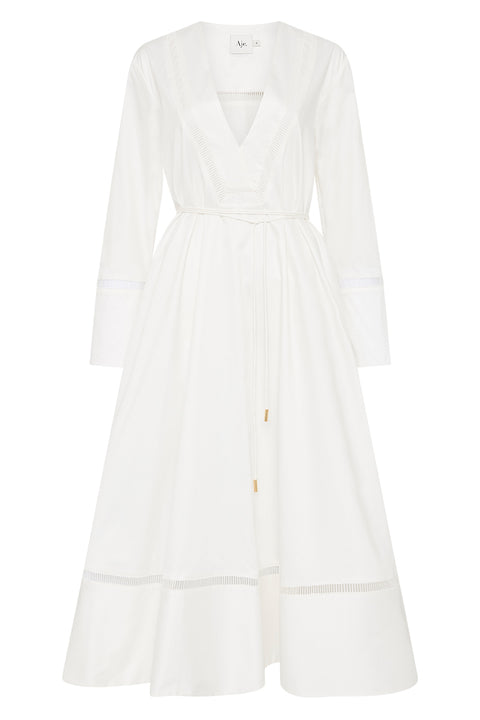 Ghost image of the reborn ladder trim midi dress in ivory with tie waist belt.