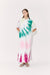 Woman poses in tie-dye maxi dress with collar and cuffed short sleeves.