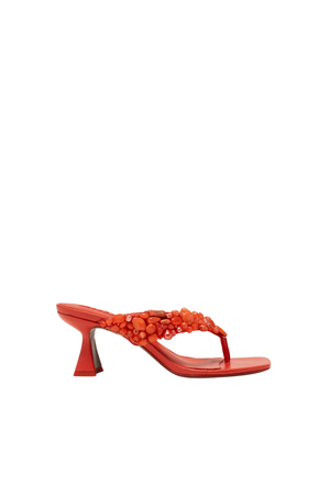 Orange red heeled thong flip flop sandal with beaded embellishments front