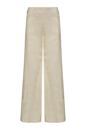 A pair of wide-leg trousers in a  cream color, featuring a subtle tonal geometric pattern on the fabric