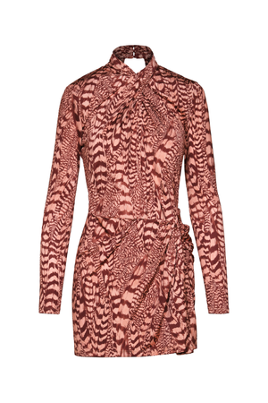 A long-sleeve wrap-style mini dress with a high collar and an abstract wavy animal-inspired print in dusty rose and brown tones, shown against a plain white background.