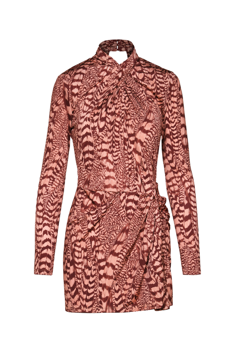 A long-sleeve wrap-style mini dress with a high collar and an abstract wavy animal-inspired print in dusty rose and brown tones, shown against a plain white background.