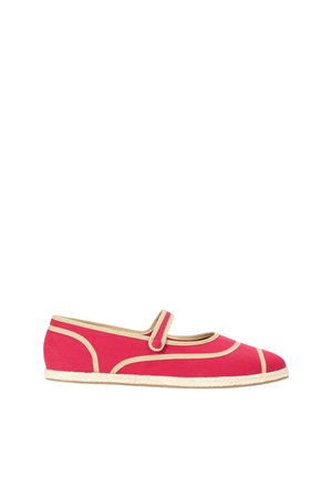 A single bright red canvas slip-on shoe with beige trim and a matching pink strap, shown in profile against a plain white background.