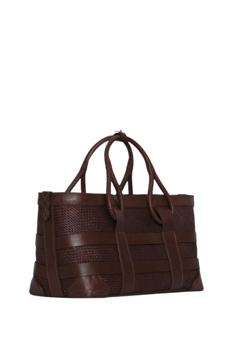A dark brown leather tote bag with textured woven panels and smooth leather handles, shown against a plain white background.