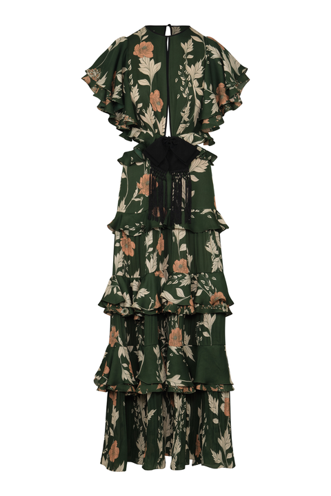 A dark green ruffled midi dress with a beige and brown floral print, featuring a black bow detail.