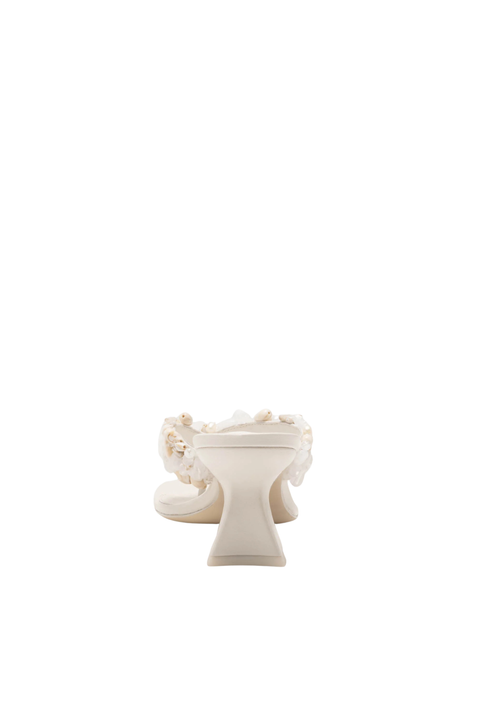 White heeled thong flip flop sandal with beaded embellishments back angle