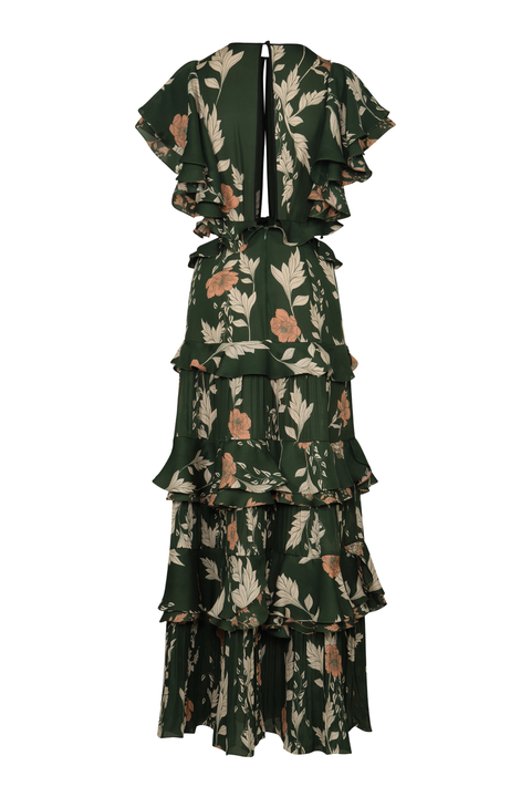 A dark green ruffled tiered maxi dress with a beige and dusty pink floral print, featuring a split neckline with keyhole detail and a tie at the back.