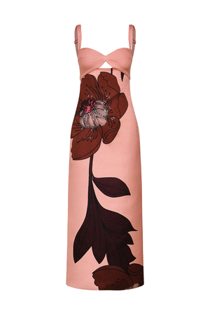 A sleeveless midi dress in dusty pink with a large dark brown floral print and a sweetheart neckline with thin removable straps, shown on a plain white background.