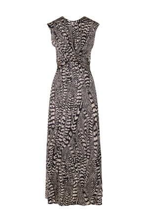 A sleeveless maxi dress with a black and white zebra-like print, featuring a draped wrap-style bodice and a V-neckline, shown against a plain white background.