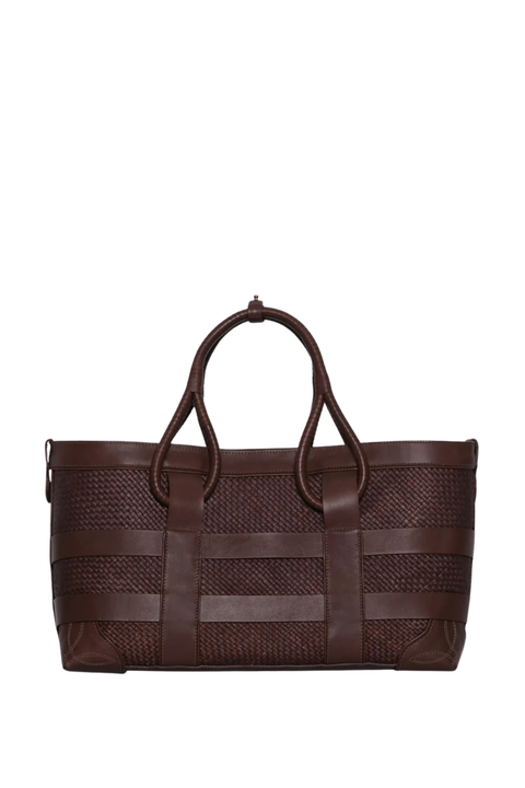 A dark brown woven leather tote bag with two top handles, shown against a plain white background.