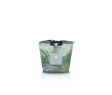 Small glass candle with green and blue marbled designs