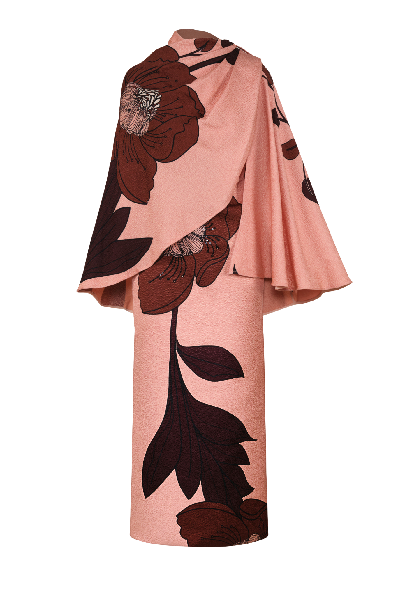 A peach pink dress with a large dark brown floral print and a matching cape, against a plain white background.