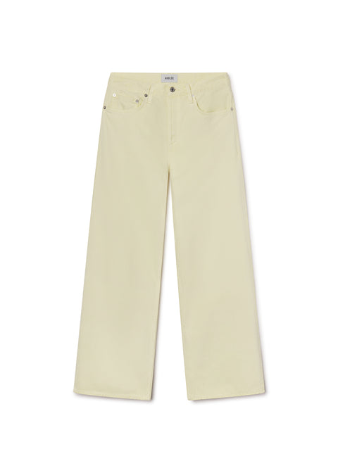 Flat lay of Person light green mid-rise, wide leg pants on a white background