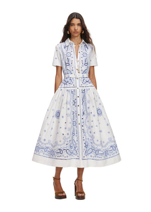 White And Blue Embroidered Midi Dress