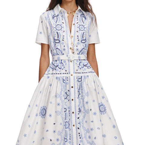 White And Blue Embroidered Midi Dress