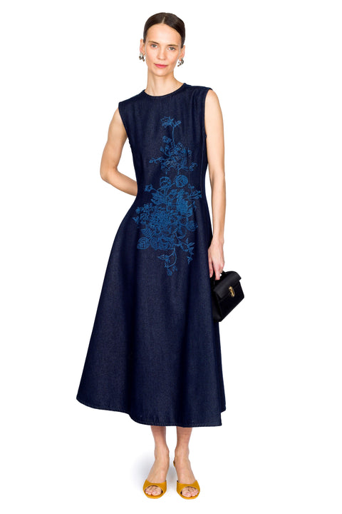Flower Motif Denim Sleeveless Midi Dress
