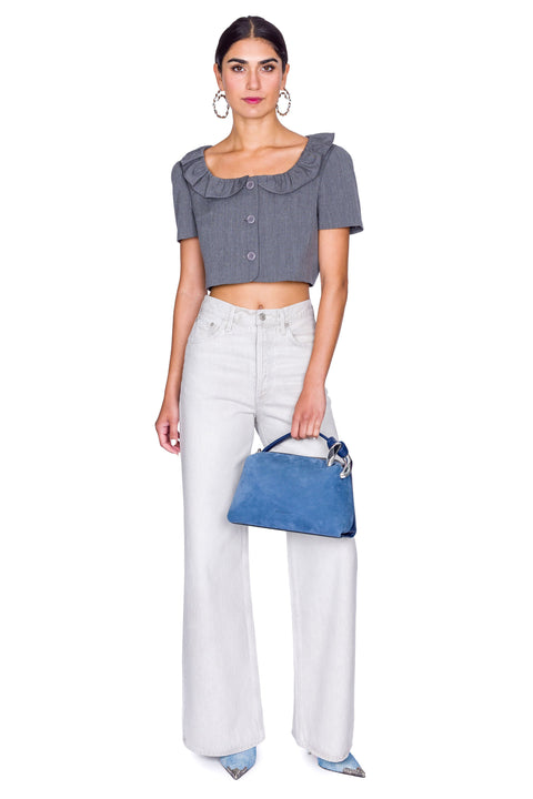 Grey Frilled Neck Cropped Jacket