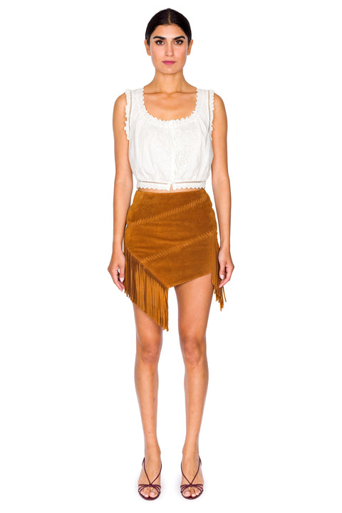 Suede Asymmetric Fringed Skirt