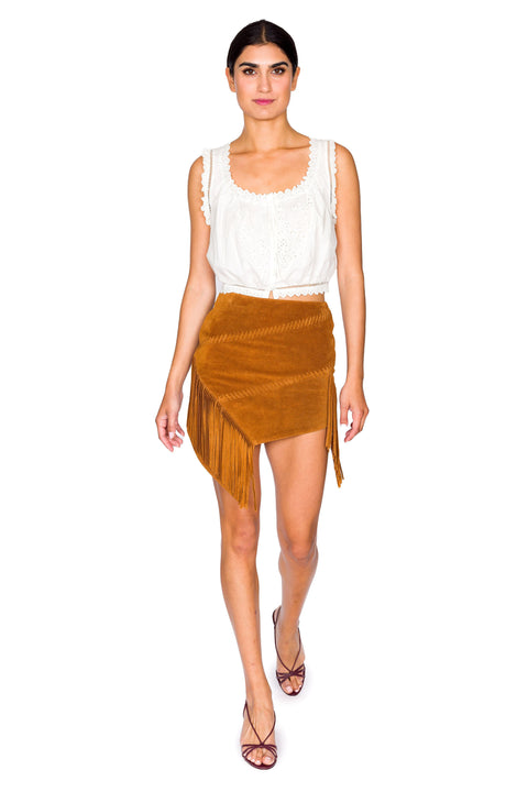 Suede Asymmetric Fringed Skirt