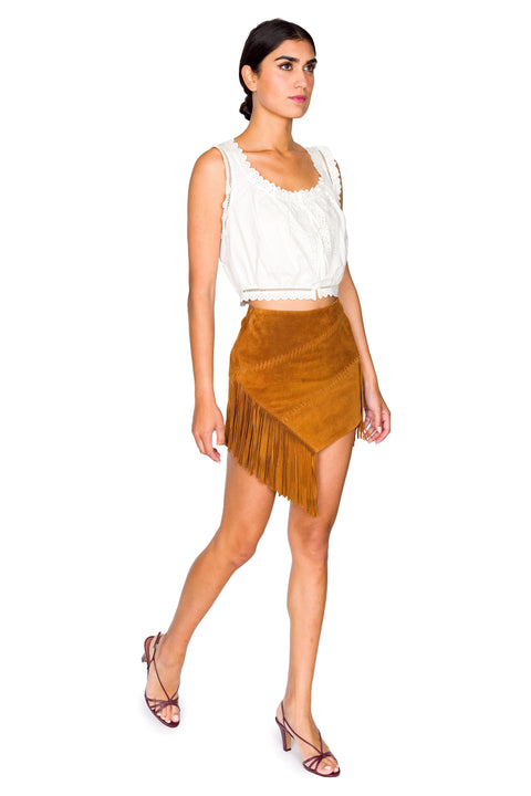 Suede Asymmetric Fringed Skirt