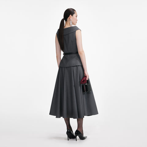 Grey Wool Tailored Midi Dress