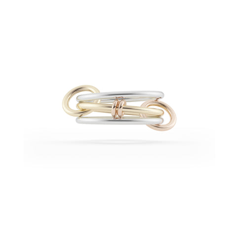 Ghost image of a Spinelli Kilcollin Acacia ring that features two 1.7mm sterling silver bands and one 1.77mm18k yellow gold band with two 18k rose gold annulets, connected by one 18k yellow gold and one 18k rose gold connector. 