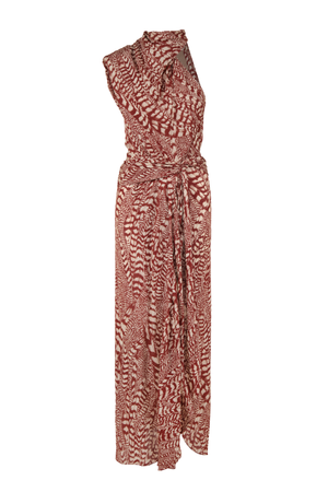 A red and cream patterned maxi dress with a cowl draped neckline
