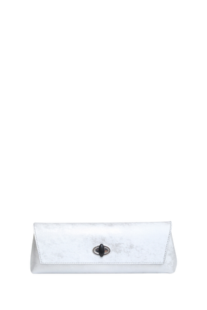 A white textured clutch bag with a central metallic turn-lock closure, displayed against a solid white background.