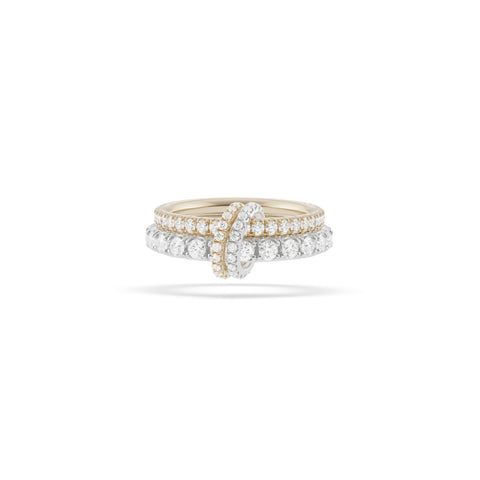 Ghost image of a Spinelli Kilcollin Cadence rind that features a 2.3mm 18k yellow gold bad pave with white diamonds and a 2.8mm 18k white gold band pave with white diamonds, connected by a yellow gold connected pave with diamonds and a white gold connector pave with diamonds. 