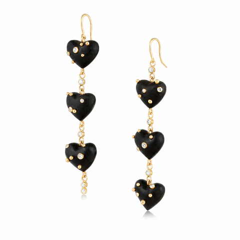 Diamond + Gold Ball Ebony Heart Earrings