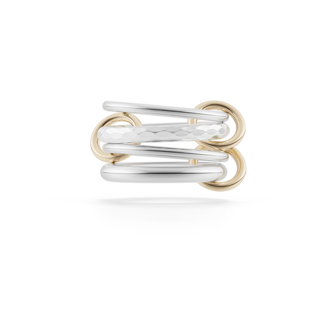 Ghost image of a Spinelli Kilcollin Cici Petite ring that features a 1.7mm sterling silver band, a 2.8mm sterling silver textured band, a 1.7mm sterling silver band, and a 2.8mm sterling silver band, connected by three yellow gold connectors. 