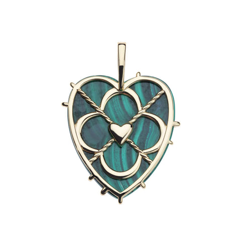 back of a carved malachite heart pendant in a yellow gold setting that features the iconic Jane Win heart logo on the back. 