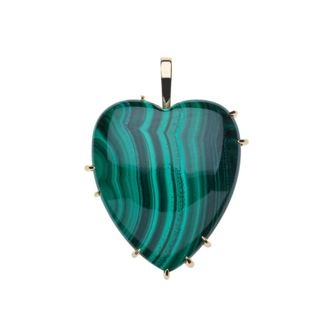 Carved malachite heart pendant in a yellow gold claw setting with a gold bail. 